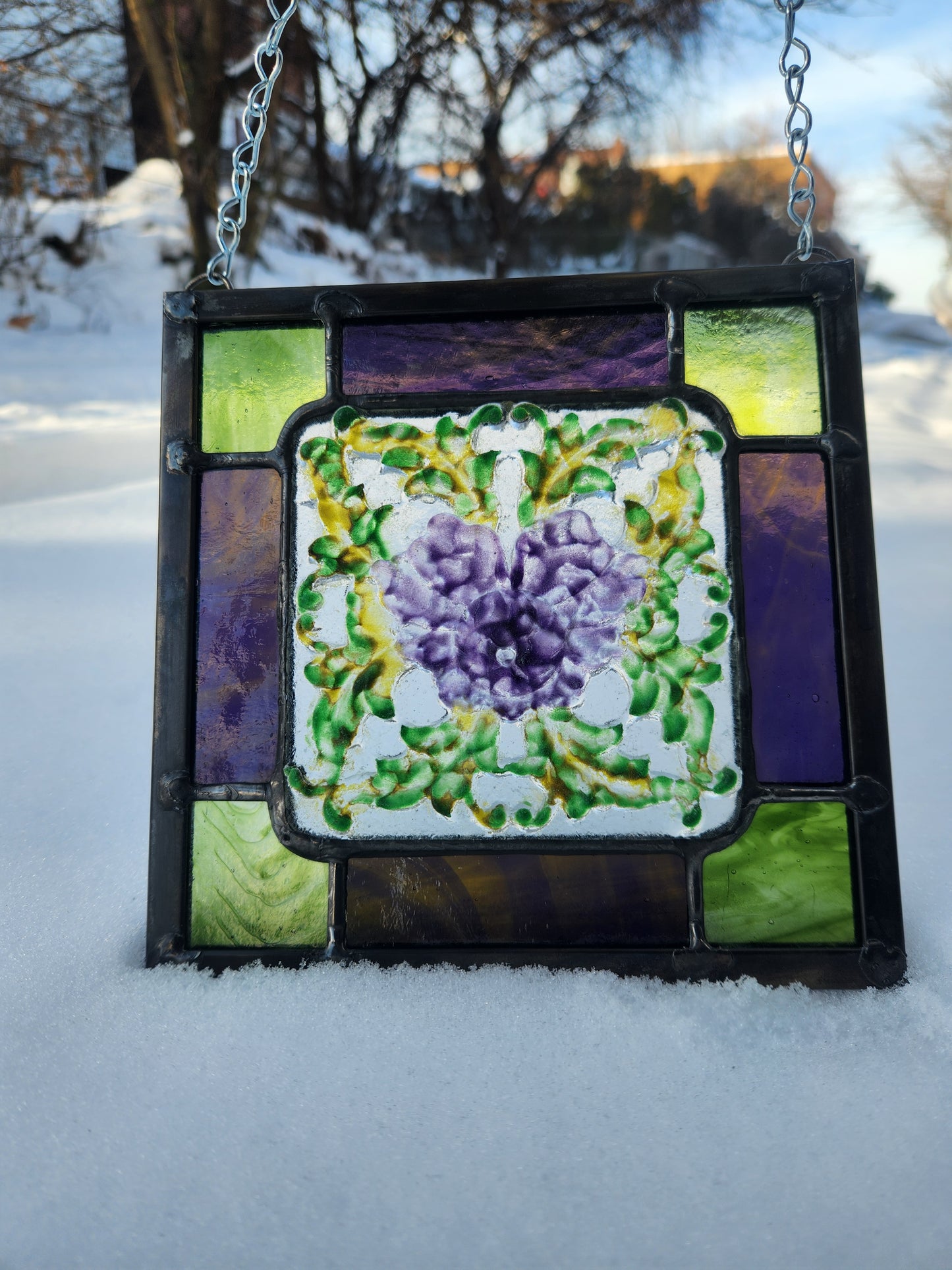 Purple Peony Stained Glass Panel