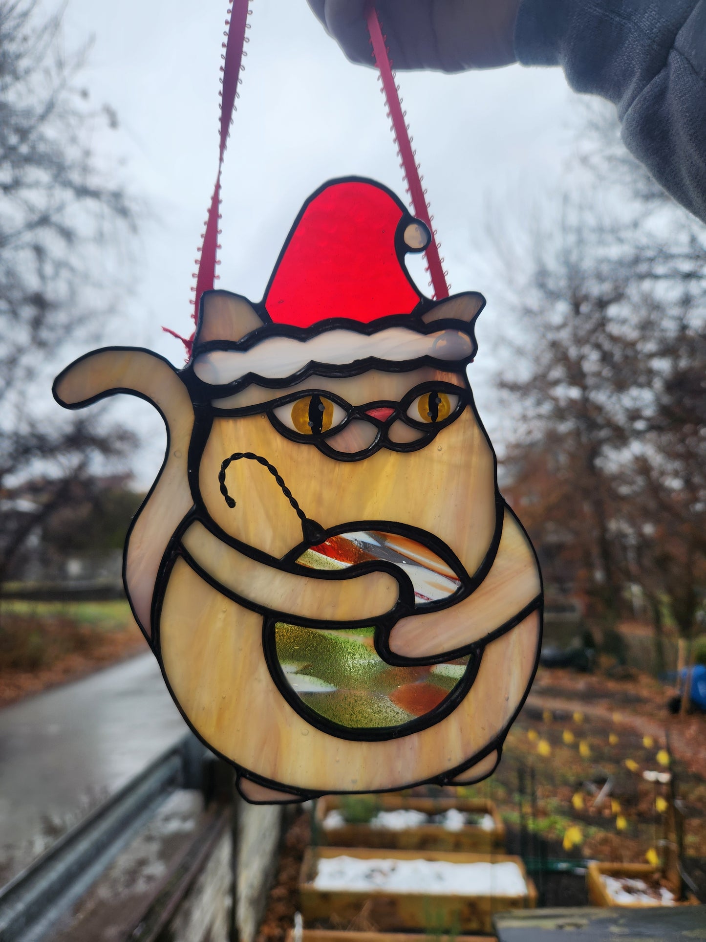 Christmas Cat Stained Glass Suncatcher/Ornament