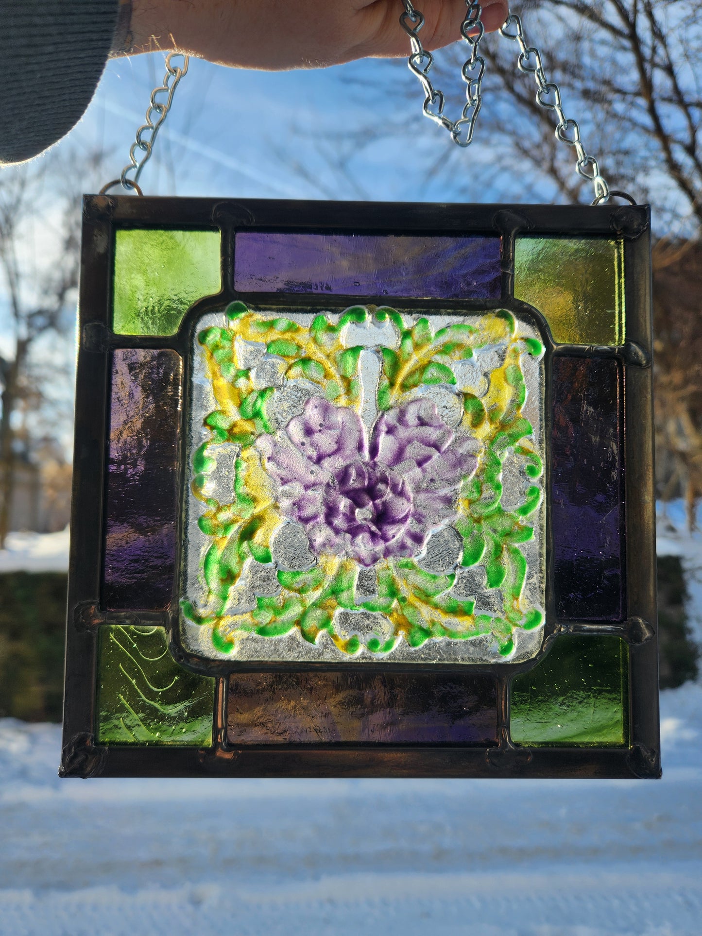 Purple Peony Stained Glass Panel