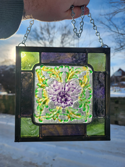 Purple Peony Stained Glass Panel