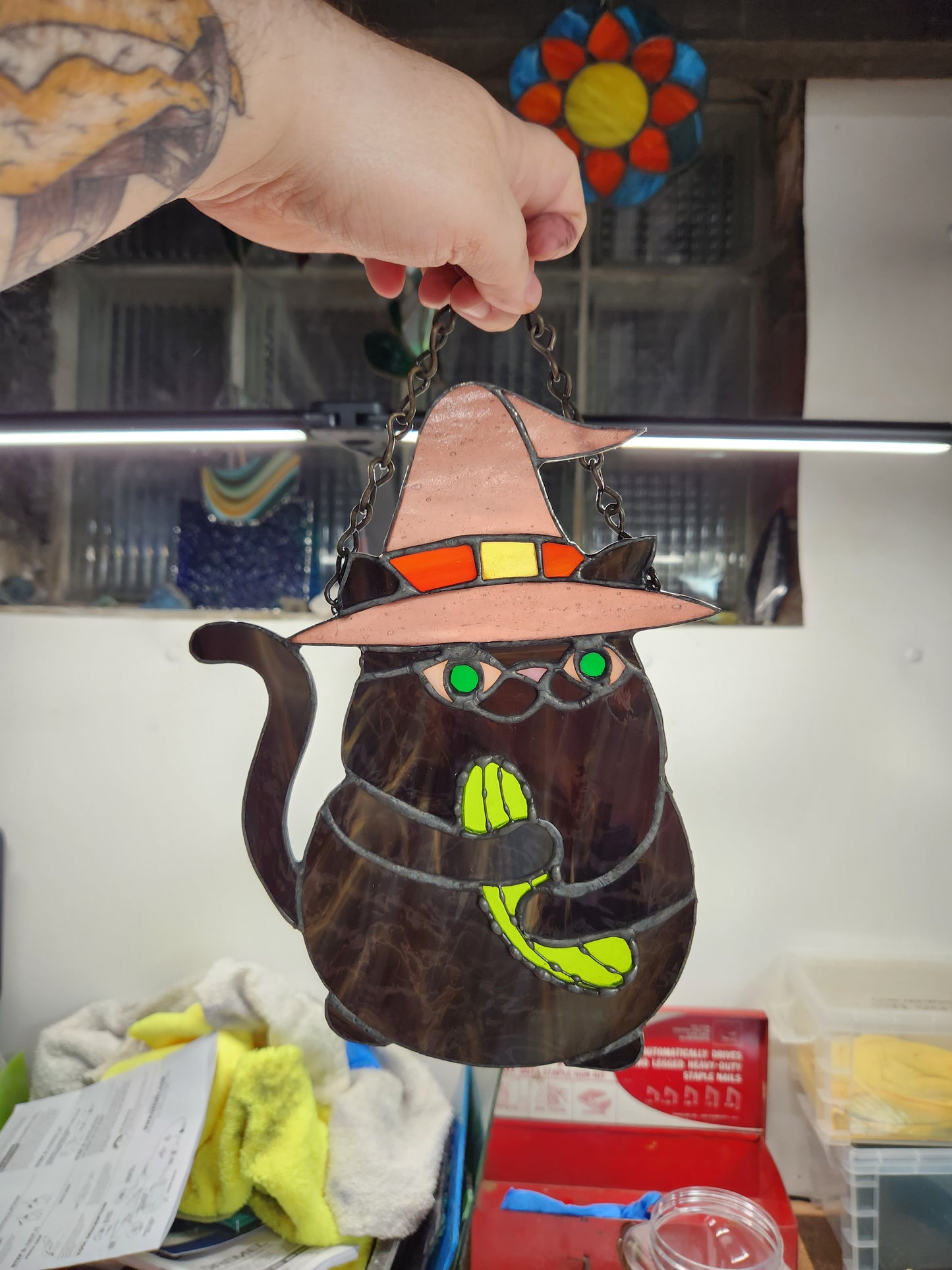 "Pickle Cat" Stained Glass Suncatcher