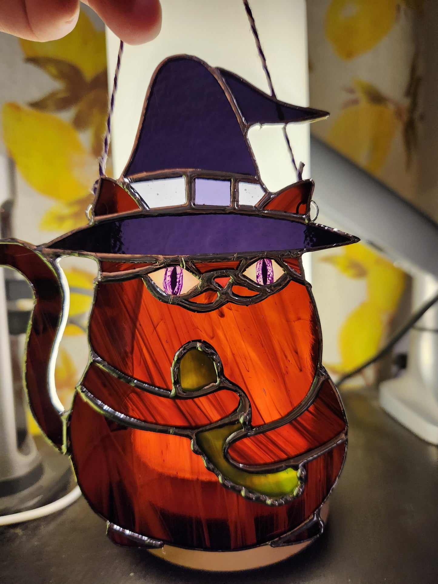 "Pickle Cat" Stained Glass Suncatcher