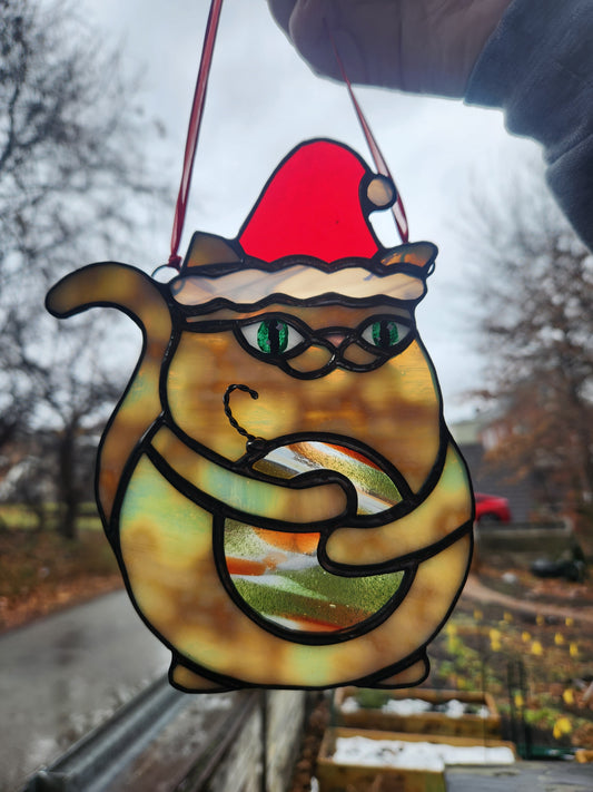 Christmas Cat Stained Glass Suncatcher/Ornament