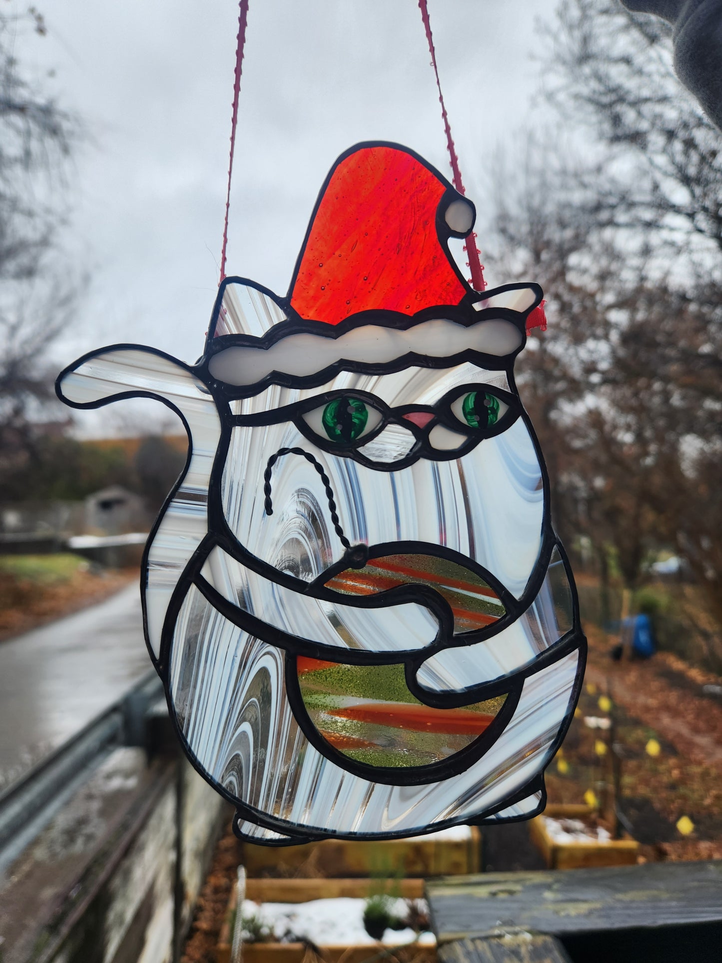 Christmas Cat Stained Glass Suncatcher/Ornament