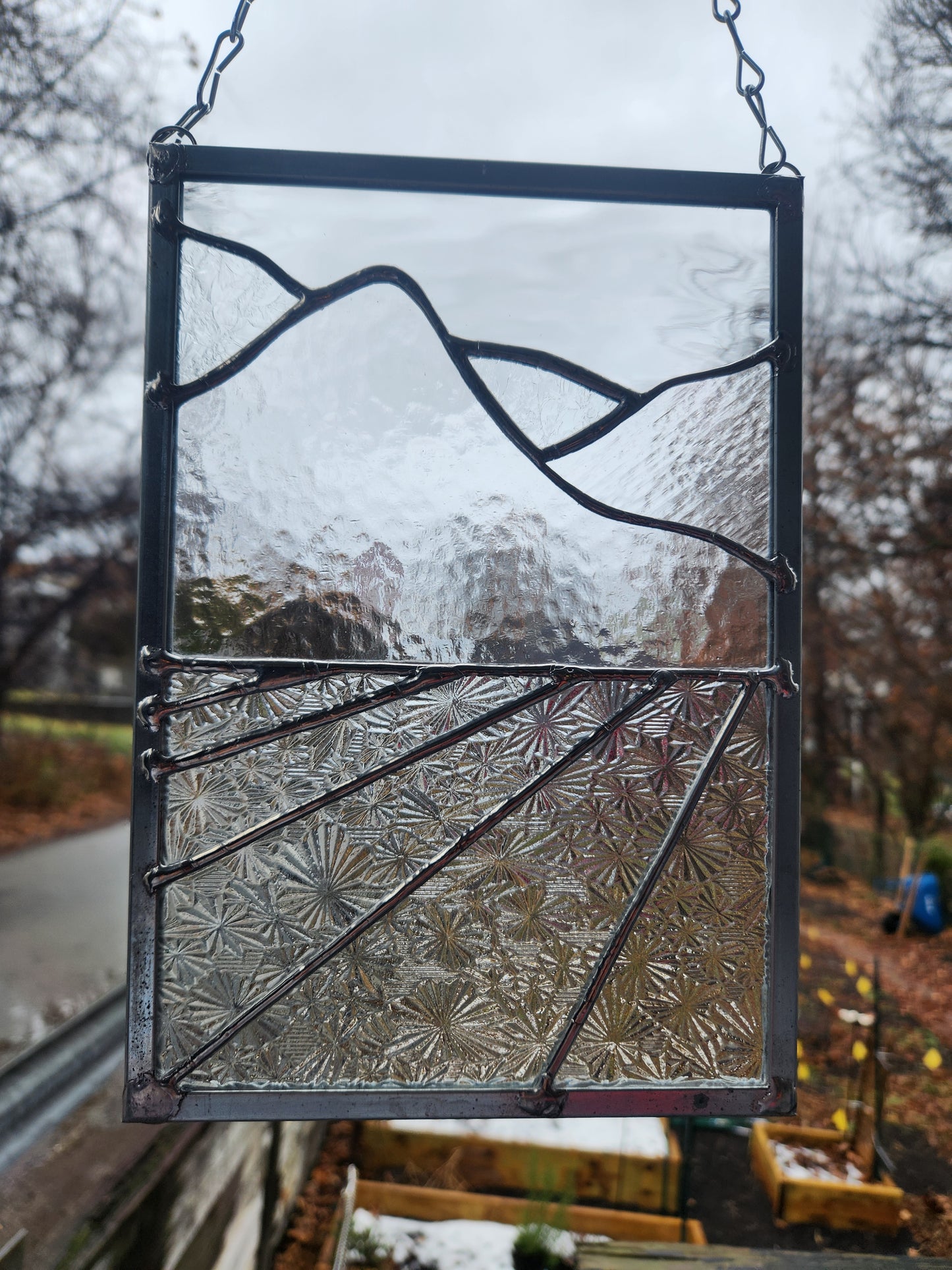 Mountains Over Flower Fields - Stained Glass Panel